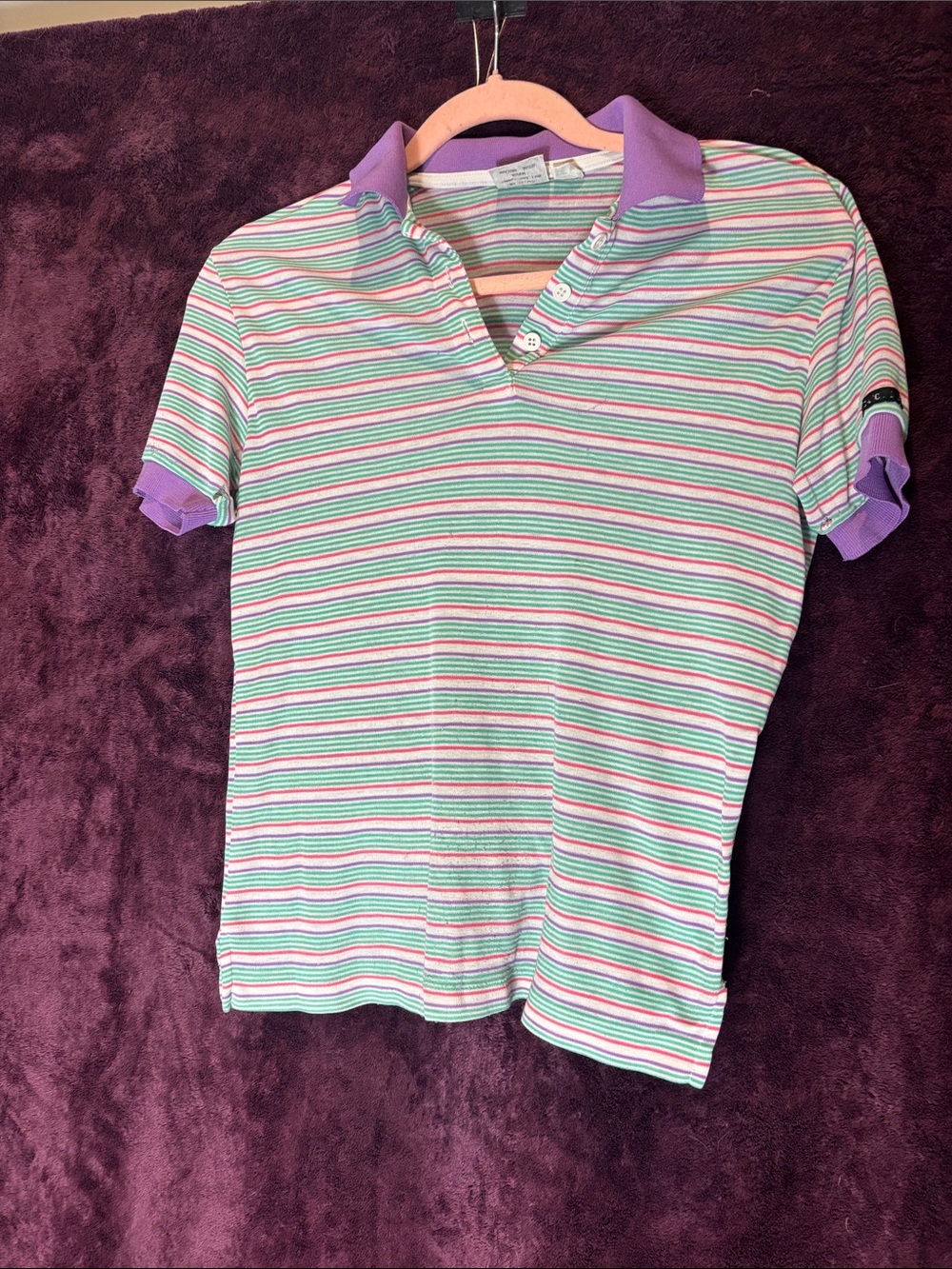 Striped Short-Sleeve Polo Blouse in Lavender & Mint